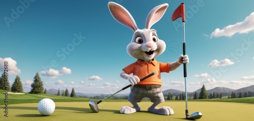 Cheerful 3D cartoon rabbit wears golf attire holding a club and flagstick on a sunny golf course Golf ball on green
