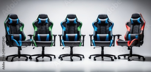 A row of five sleek black ergonomic gaming chairs featuring blue green and red accents Studio shot