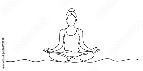 Continuous line drawing of a woman meditating in a yoga position Vector, illustration