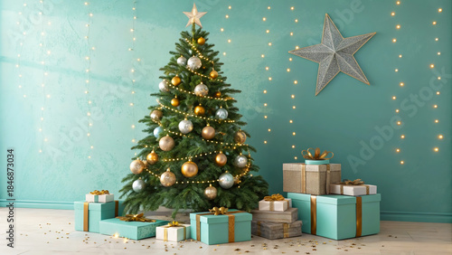 Christmas Tree with Gifts and Star Decoration: Create a festive mood in your home with beautiful wrapping paper and charming decor.