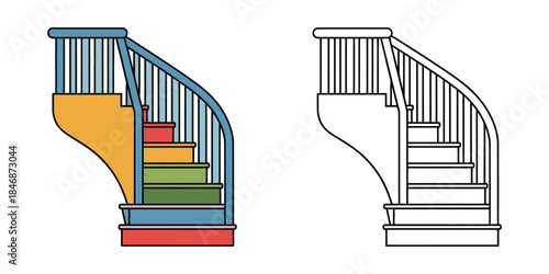 Curved staircase coloring page Vector illustration