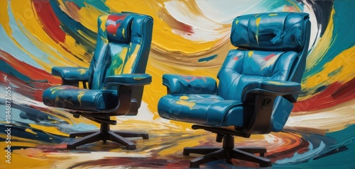 Two vibrant blue executive chairs adorned with colorful abstract brushstrokes against a bold painterly background
