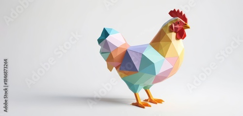 Colorful low poly rooster with geometric facets Vibrant pastel shades compose its body on a clean white background
