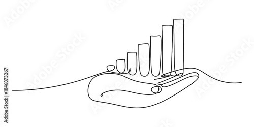 Continuous line drawing of a hand holding an upward trending bar chart symbolizing growth Vector, illustration