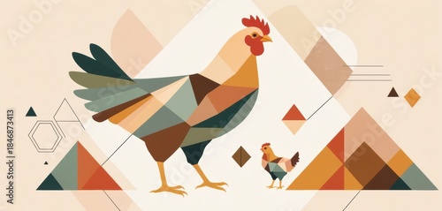 Modern low poly art illustration of a colorful rooster and a tiny chick with geometric background patterns