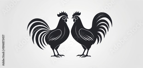Two stylized black rooster silhouettes facing each other on a plain light background Minimalist graphic design