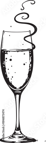 An elegant monochrome sketch of a champagne glass, with rising bubbles and a decorative swirl, suggests the essence of celebration and refined taste. 