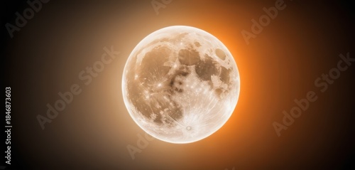 Detailed full moon displaying its textured surface radiating a warm glowing halo on a dark backdrop