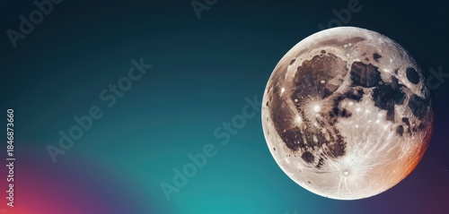 The full moon displaying its rugged surface and prominent craters against a vibrant gradient of blues and purples