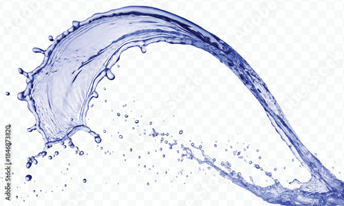 dynamic smooth liquid fresh water splash with drops in mid air cut out and curve style isolated on white background