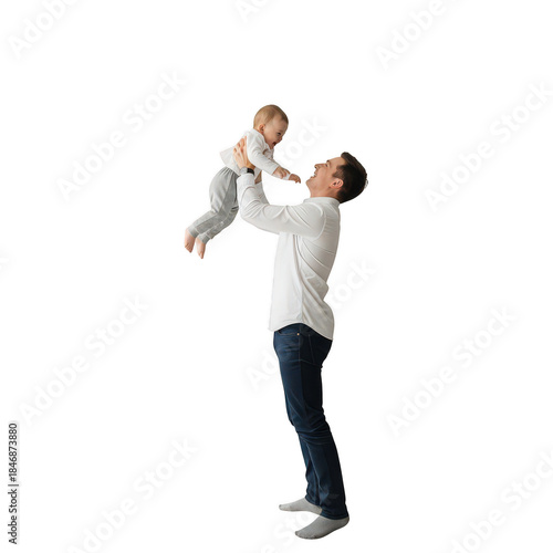 Father holding baby up in the air isolated on transparent background