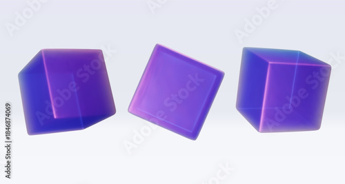 Set 3d iridescent hologram cube, square, parallelepiped. Render geometry figure in purple, pink, blue colors. Vector illustration isolated on white for design projects, presentation, adv