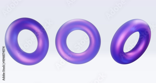 Set 3d iridescent hologram tor, ring. Render geometry figure in purple, pink, blue colors. Vector illustration isolated on white for design projects, product display, presentation, adv