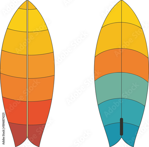 Retro surfboard illustration set colorful striped longboards symmetrical surf design vintage summer beach style isolated on white background