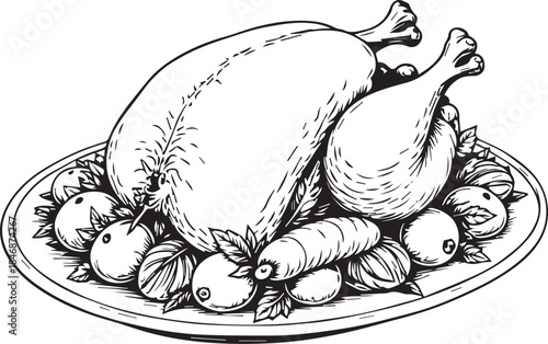 A detailed and realistic line art illustration of a roasted turkey on a platter with vegetables, ready to serve and feast.