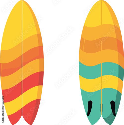 Retro surfboard illustration set colorful striped longboards symmetrical surf design vintage summer beach style isolated on white background