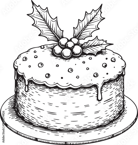 A festive and delicious Christmas cake, beautifully decorated with holly and berries, embodying the spirit of the holiday season, sketched with intricate detail, ready to be enjoyed.