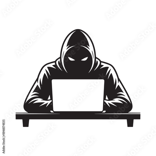 a shadowy figure intently focused on a laptop screen while seated at a wooden desk embodying digital anonymity and mystery