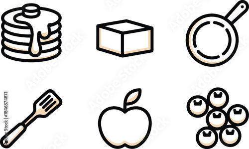 Minimal food and cooking icons set pancake butter frying pan spatula apple grapes modern outline vector style