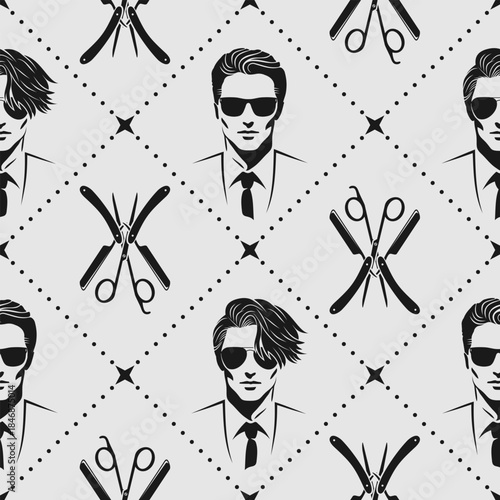 Barbershop seamless pattern with hipster face, hairdressing scissors and razor. Vector illustration