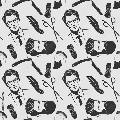 Barbershop seamless pattern with hipster face, hairdressing scissors and razor. Vector illustration