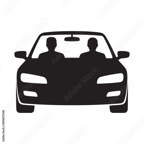 a simple black silhouette depiction shows the front view of a convertible car with two passengers inside traveling together high quality