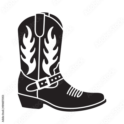 A striking black and white illustration depicts a single cowboy boot with vibrant flame designs adorning its side showcasing western style