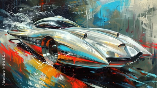 Abstract artwork of a futuristic vehicle speeding on a colorful background
