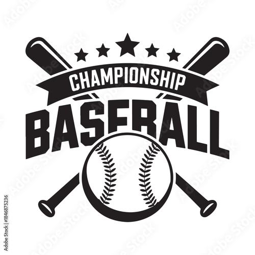 a black and white illustration depicts crossed baseball bats a baseball and a championship banner creating a classic sports emblem