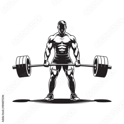 a powerful illustration depicts a muscular man intensely preparing to lift a heavy barbell in a dynamic weightlifting pose showcasing strength