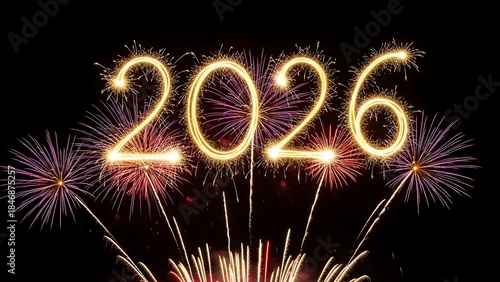celebration greeting card, - Year 2026 in sparkler font. 2026 Happy New Year Greeting Card.  isolated on black night sky background. Year 2026 in sparkler font and firework fireworks pyrotechnic.