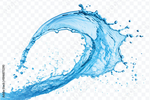 dynamic smooth liquid fresh water splash with drops in mid air cut out and curve style isolated on white background