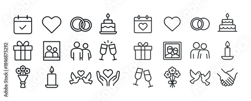 Romantic celebration icons: calendar, heart, rings, cake, gift,