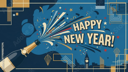 Happy new year celebration with champagne bottle and confetti on blue background with cityscape