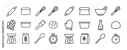 Baking utensils and ingredients icons set: whisk, rolling pin, m
