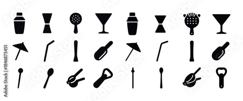 Collection of cocktail and bar tool silhouettes for mixology ent