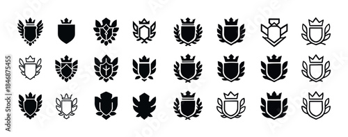 Collection of black and white heraldic shields with crowns and l