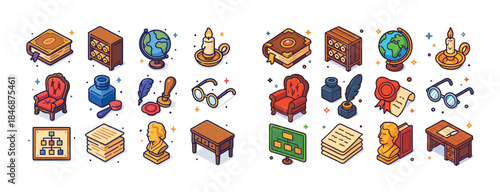 Vintage office icons set: books, globes, candles, and more in is