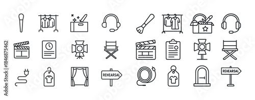 Minimalist theater and music icon set with microphone and headph