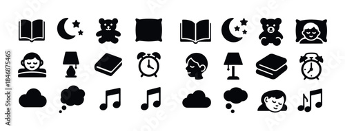 Bedtime icons set: sleep, music, and relaxation symbols