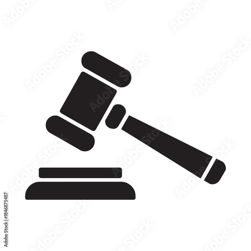 A simple black and white illustration depicts a traditional judge s gavel resting upon a sound block symbolizing law and legal proceedings