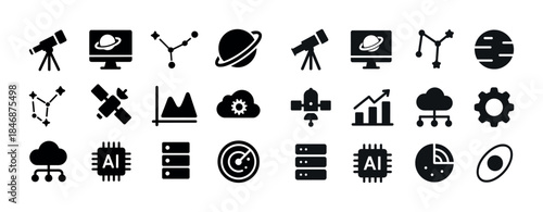 Set of astronomy and data science icons featuring telescopes and