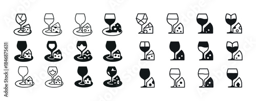 Wine and cheese icon set with glasses and cheese wedges in black