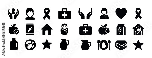 Black and white icons: medical, food, and home symbol collection
