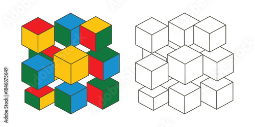 Geometric cube stack coloring page Vector illustration