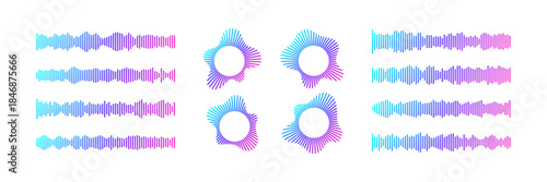 Podcast wave collection with neon gradient circular patterns and horizontal soundwaves on dark background. Audio frequency lines in cyan, blue and magenta - radial bursts and streaming podcast icons.