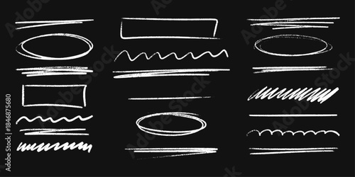 White highlight marker strokes with hand drawn pencil lines and crayon textures. Rough brush marks with wavy underlines, doodle shapes and freehand sketch elements for artistic highlight designs.