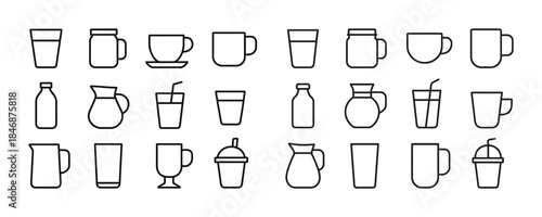 Outline icon set of various drinkware: mugs, glasses, cups, jars