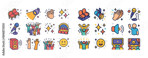 Colorful performance icons: microphones, spotlights, audiences,