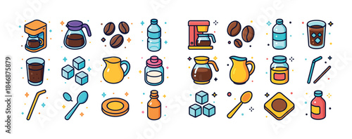 Colorful coffee and drink elements icons: cups, bottles, spoons,